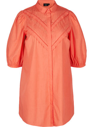 Cotton tunic with 3/4 sleeves and lace, Coral, Packshot image number 0