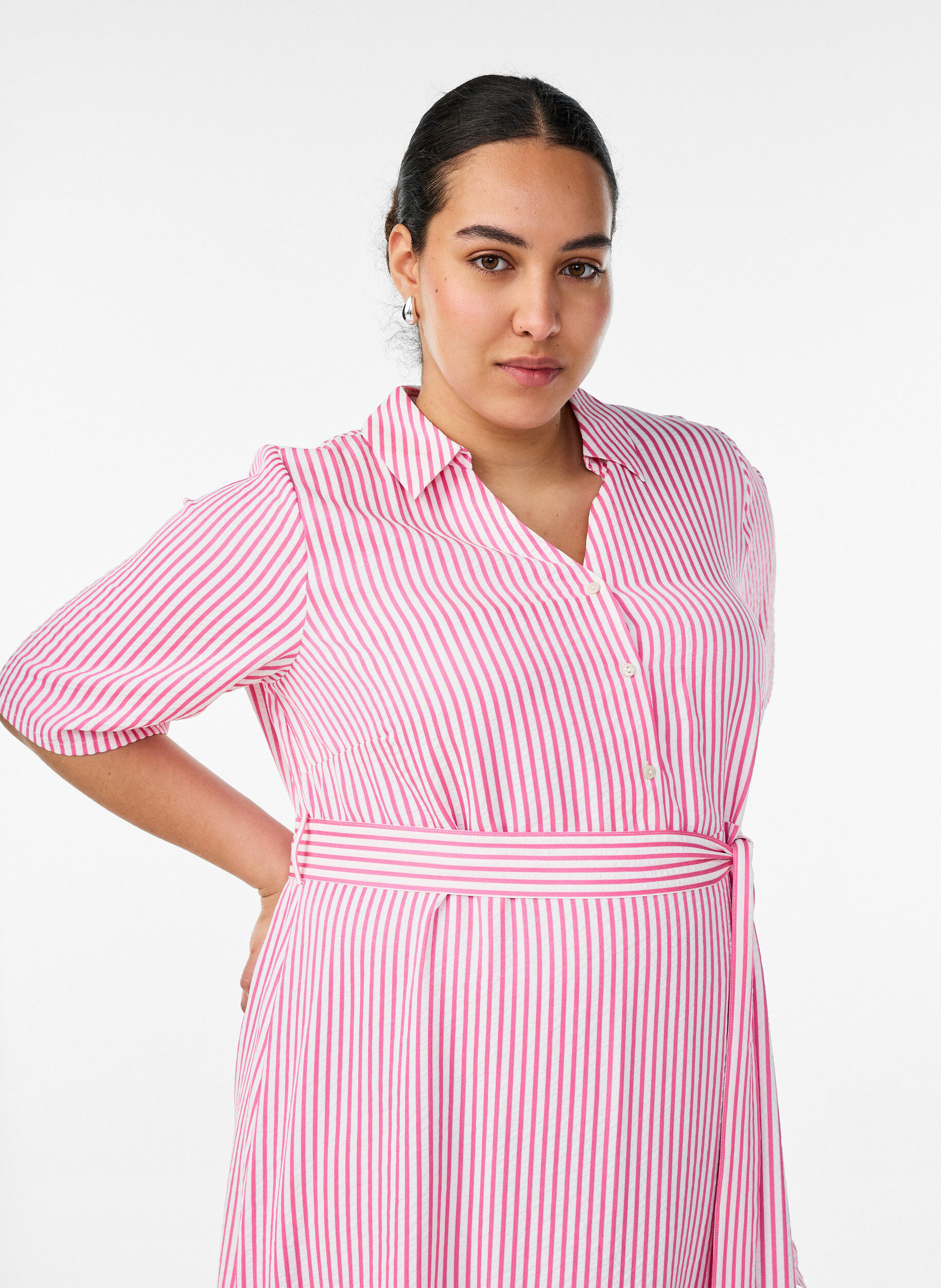 Zizzifashion Ankle-length shirt dress with tie belt and stripes, Pink, Model image number 2