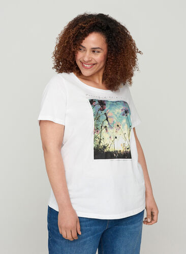 Short-sleeved cotton t-shirt with print, Bright White, Model image number 0