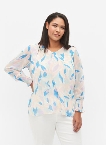 Floral blouse with long sleeves and v neck, White/Pastel Leaf, Model image number 0