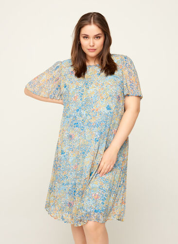 Plisse dress with floral print, Light Blue Multi AOP, Model image number 0