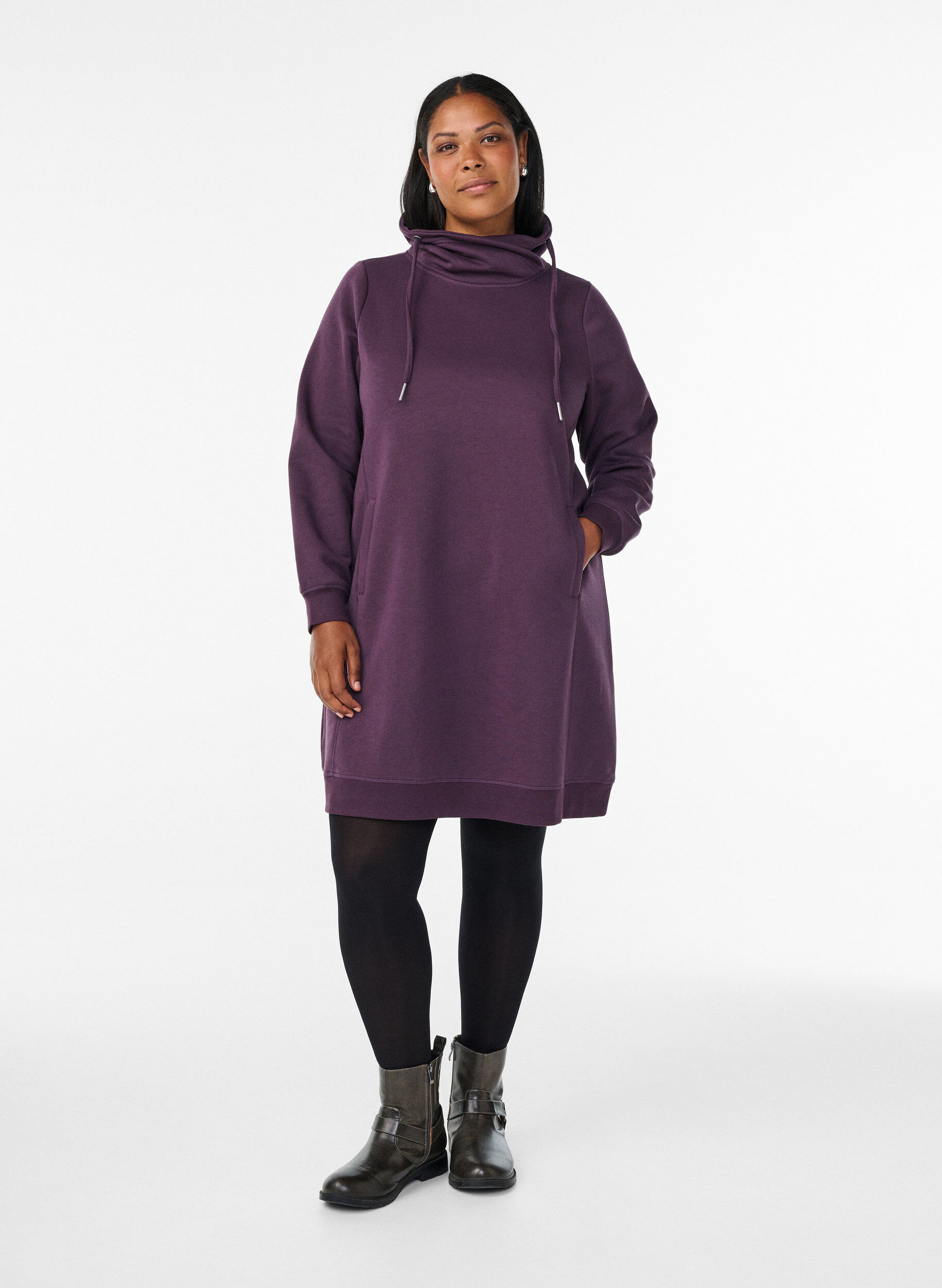 ZizzifashionShort sweatshirt dress with high collar and pockets, Purple, Model image number 1