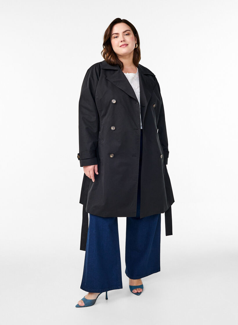 Mid-length trench coat with belt, Black, Model image number 2