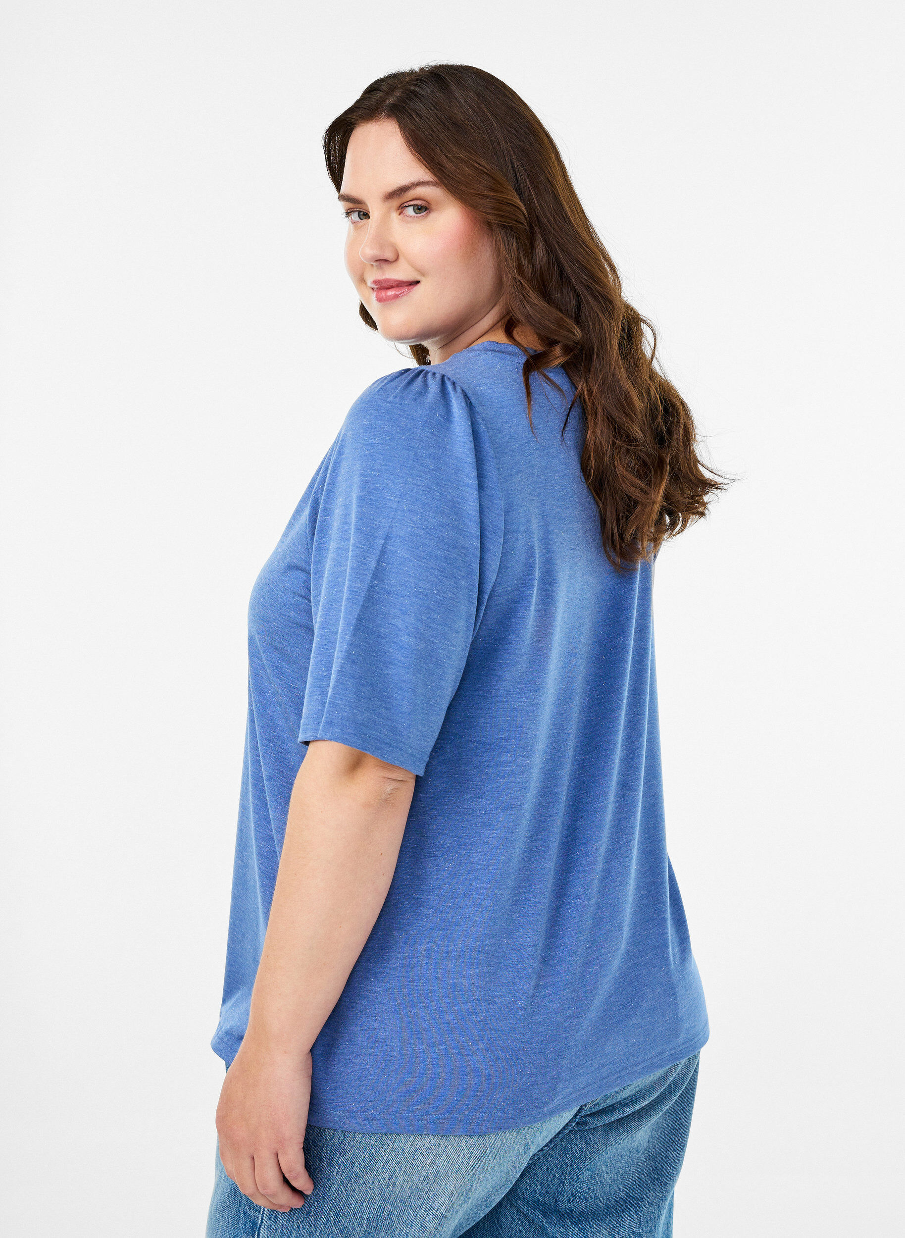 Zizzifashion T-shirt with glitter and short puff sleeves, Blue, Model image number 2