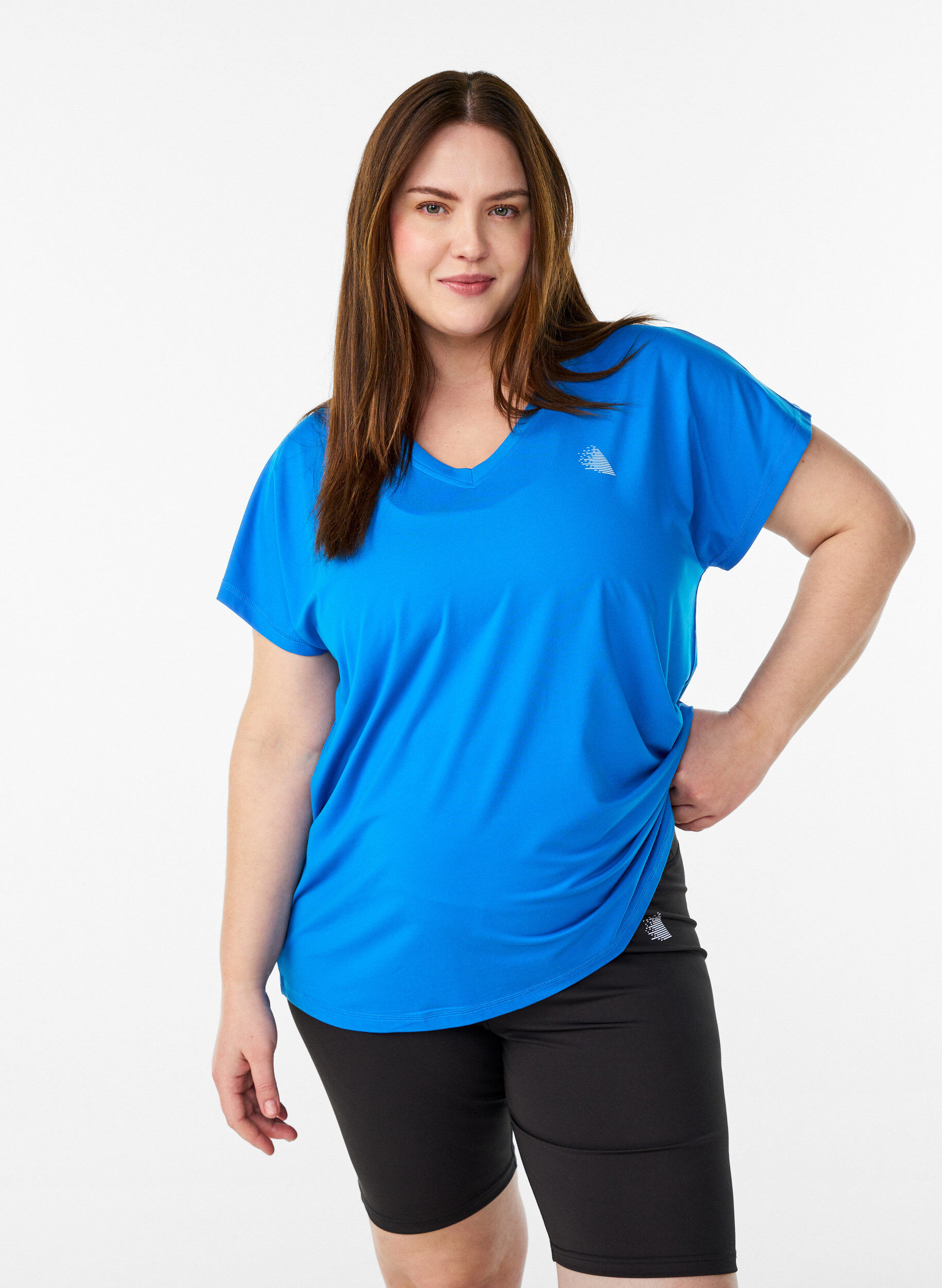 Loose training t-shirt with v-neck, Blue, Model