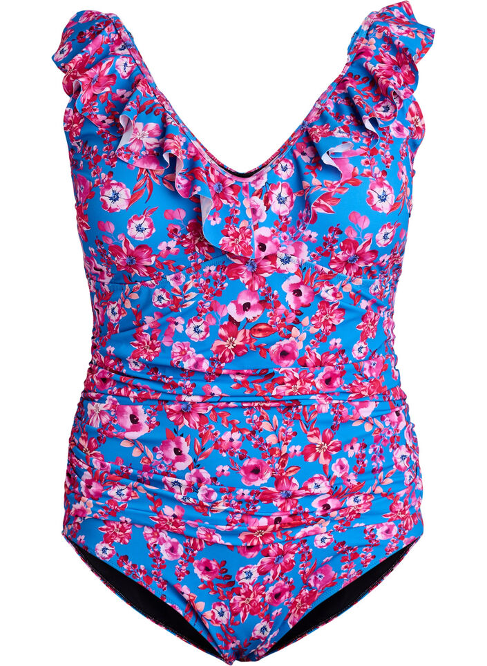 Floral swimsuit with ruffles and removable pads, Blue, Packshot image number 0