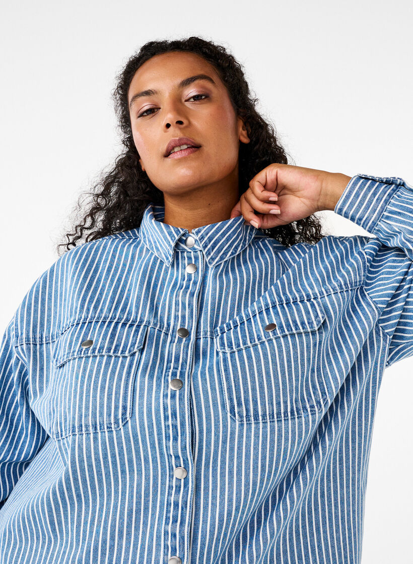 Striped denim shirt with chest pockets, Light B.Denim Stripe, Model image number 3